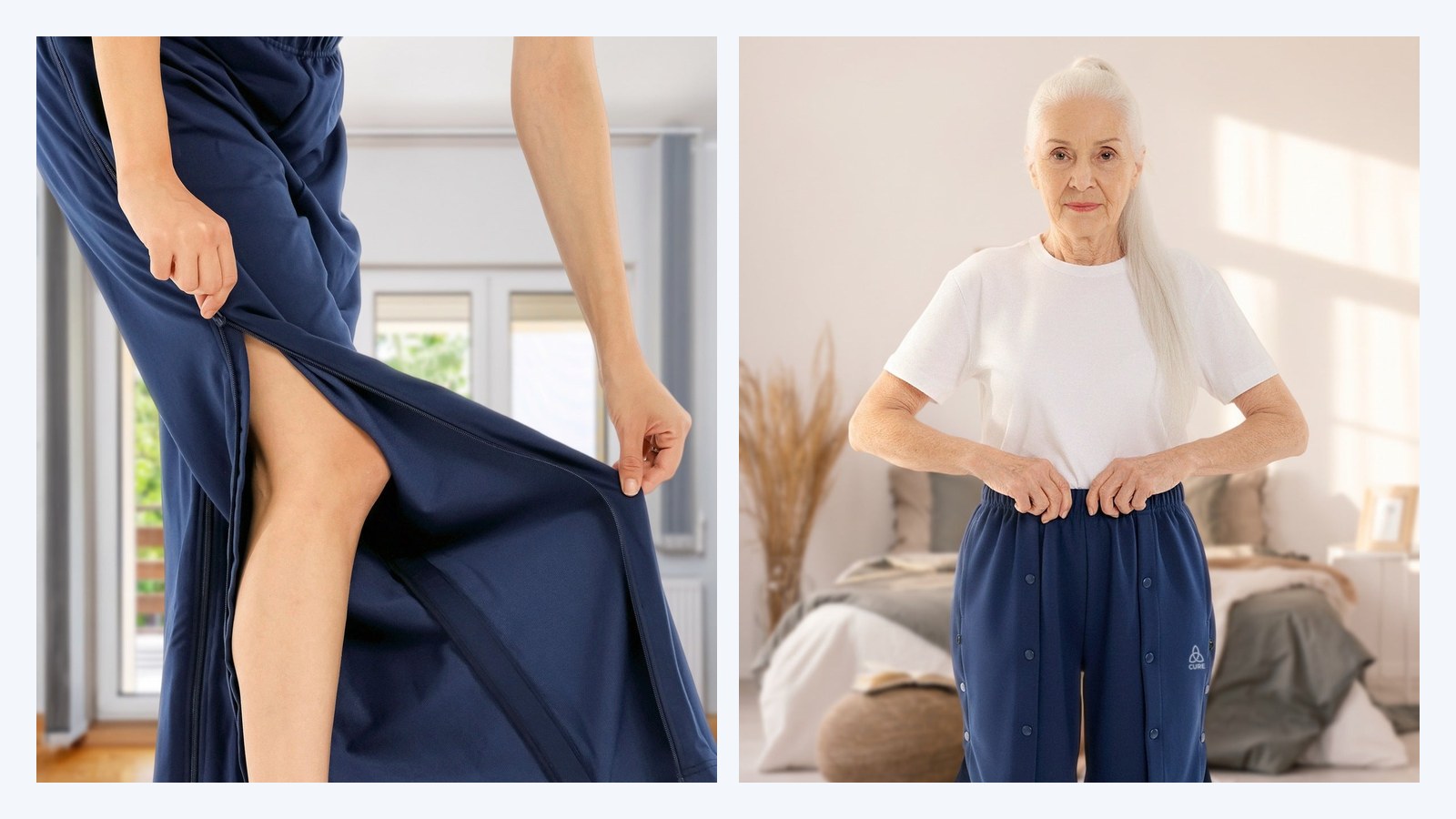Pflegehose mit Reißverschluss und Pflegeshorts mit Druckknöpfen, beide in Navy