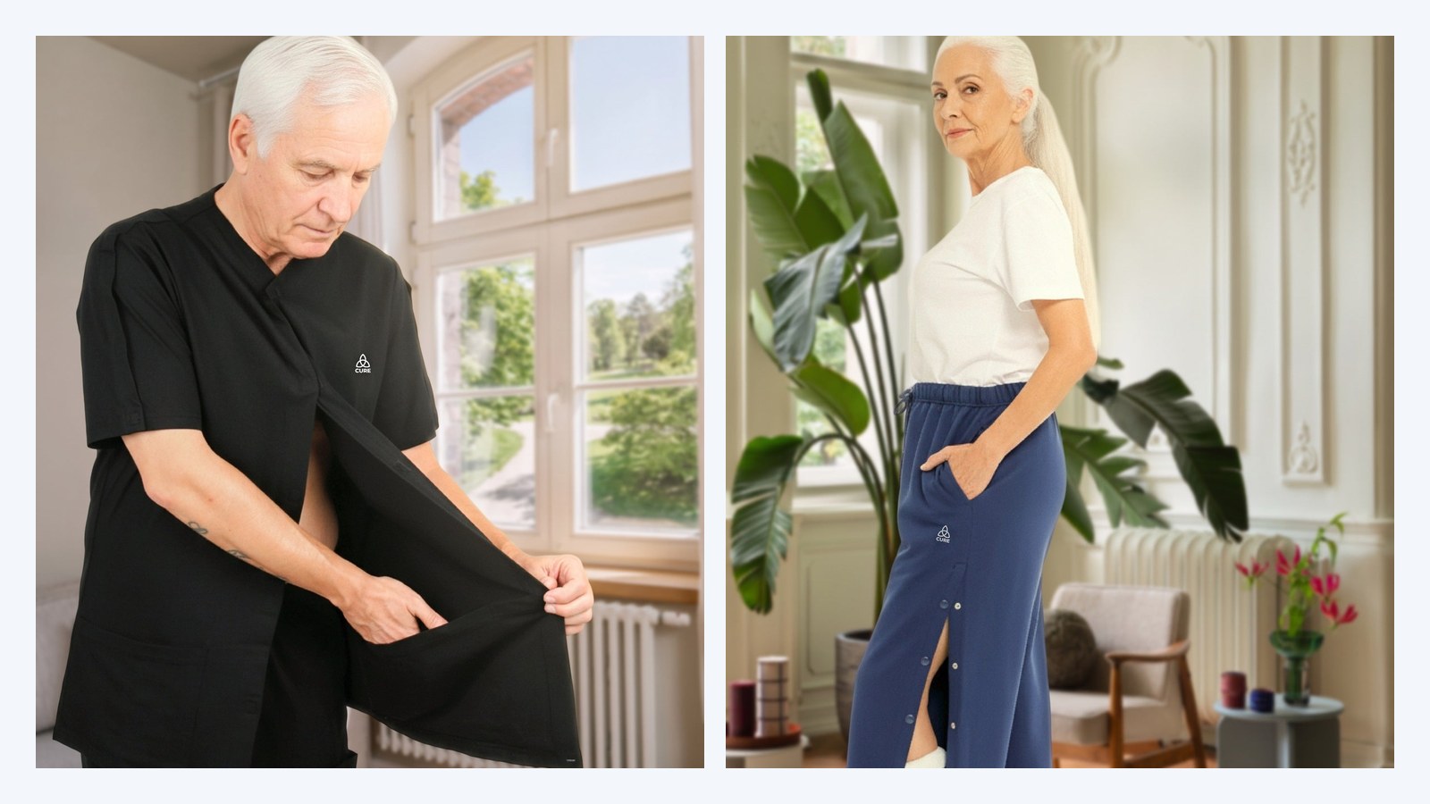 Pflegeoberteil nach der OP und Pflegehose mit Druckknöpfen, beide lassen sich öffnen, ohne etwas über Kopf oder Fuß zu ziehen