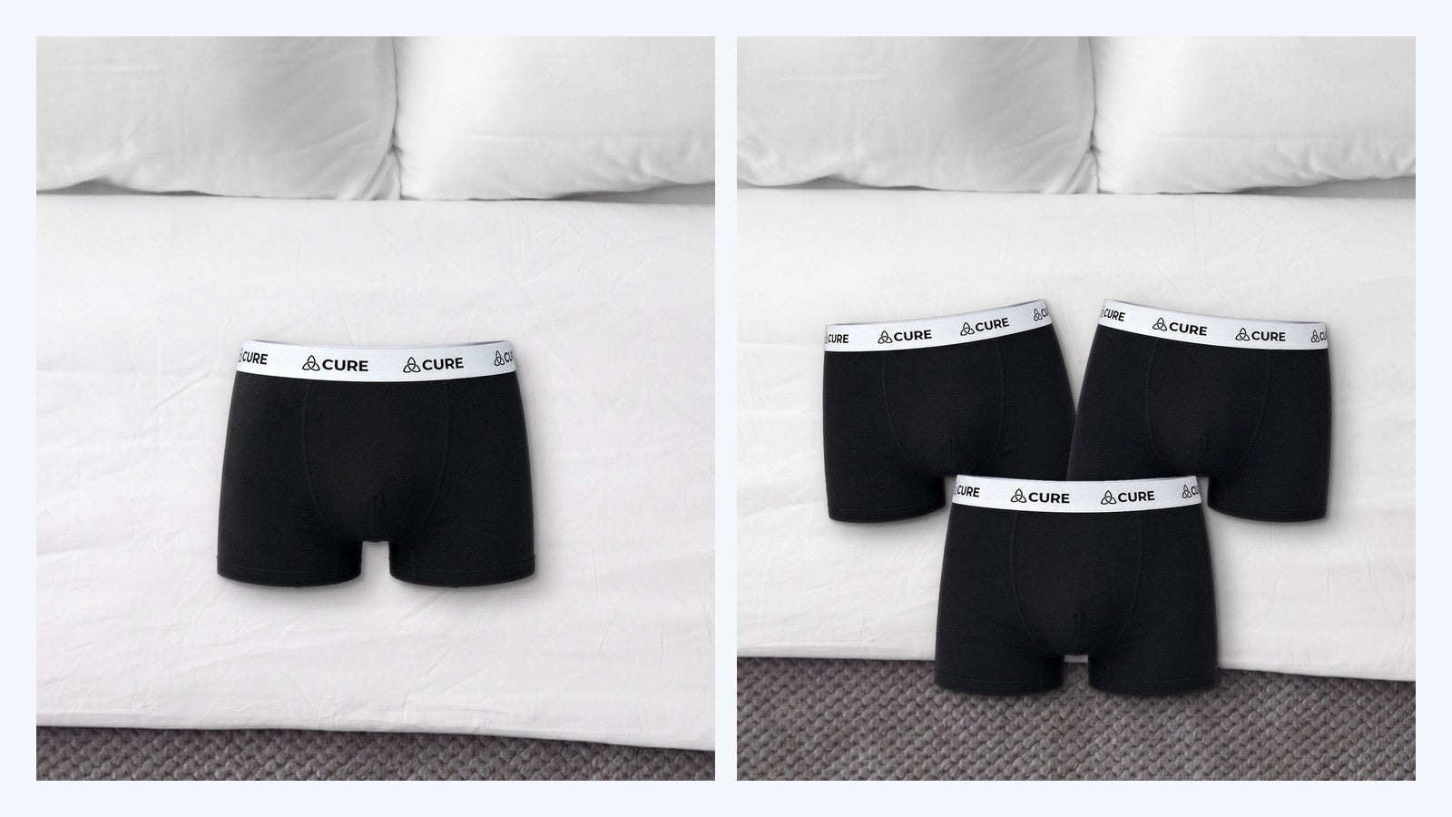 Schwarze Herren-Boxershorts mit saugfähiger Innenschicht, einzeln und als Alltags-Set mit drei Stück, auf einem Bett