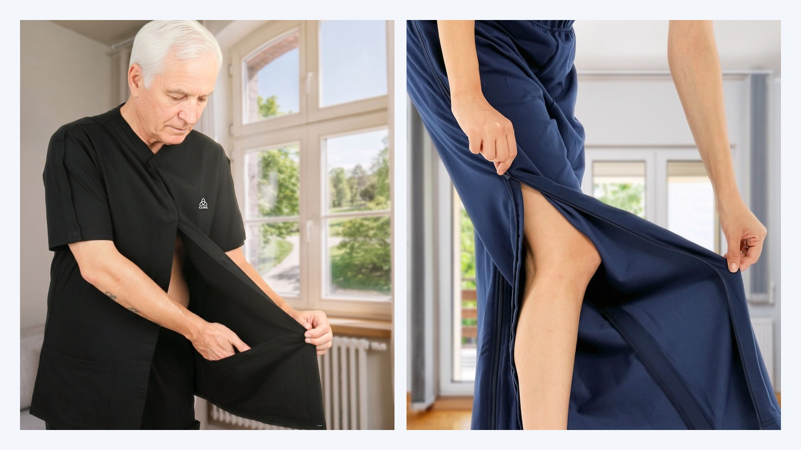 Pflegeoberteil nach der OP in Schwarz und Pflegehose mit Reißverschluss in Navy, beide lassen sich öffnen, ohne sich zu bücken