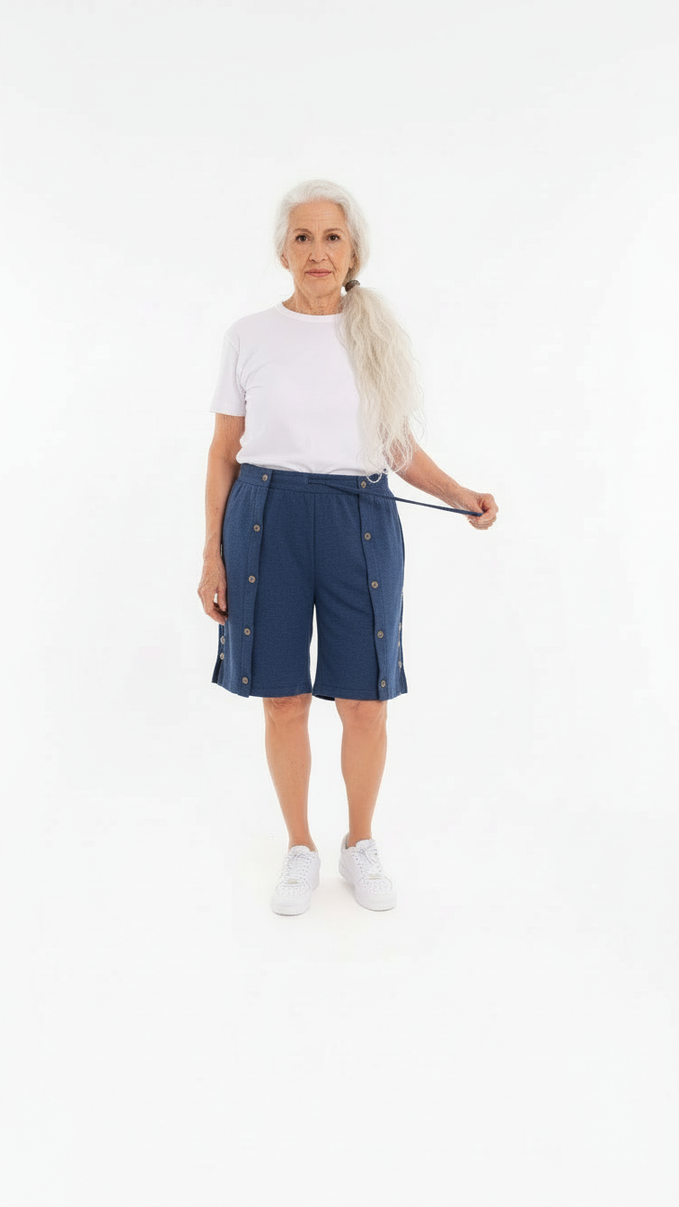 ComfortCure Adaptive Pflegeshorts für bettlägerige Patienten - mit Druckknöpfen, Navy, Vorderansicht mit geschlossenen Druckknöpfen und Kordelzug