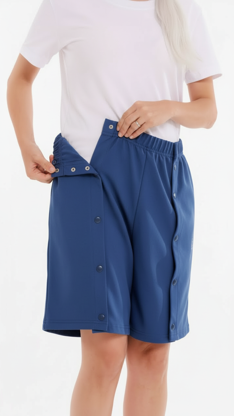 ComfortCure Adaptive Pflegeshorts für bettlägerige Patienten - mit Druckknöpfen, Navy, Detailansicht, seitliche Druckknöpfe an der Hüfte geöffnet