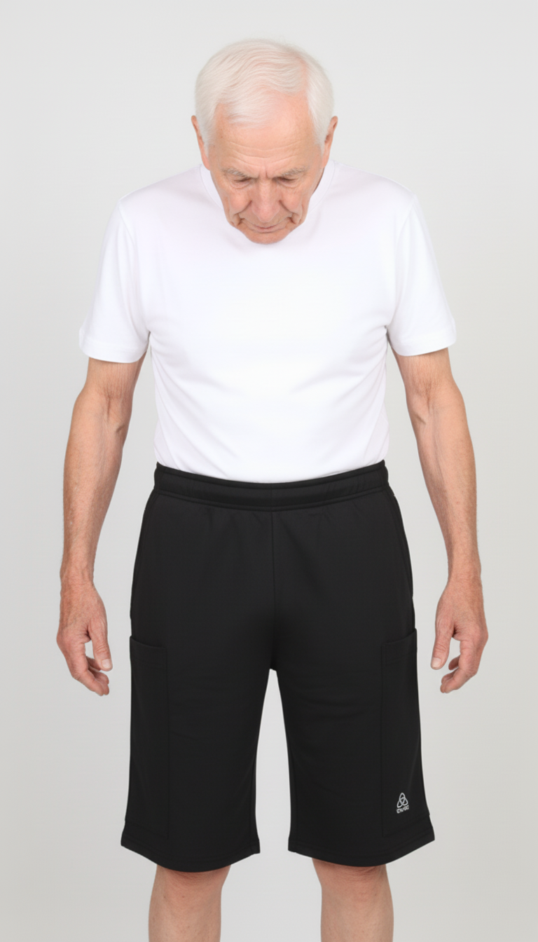 ComfortCure Adaptive Pflegeshorts für Prostatapatienten (mit Beintaschen), Schwarz, Vorderansicht, Shorts geschlossen mit Beintaschen und Logo am Saum