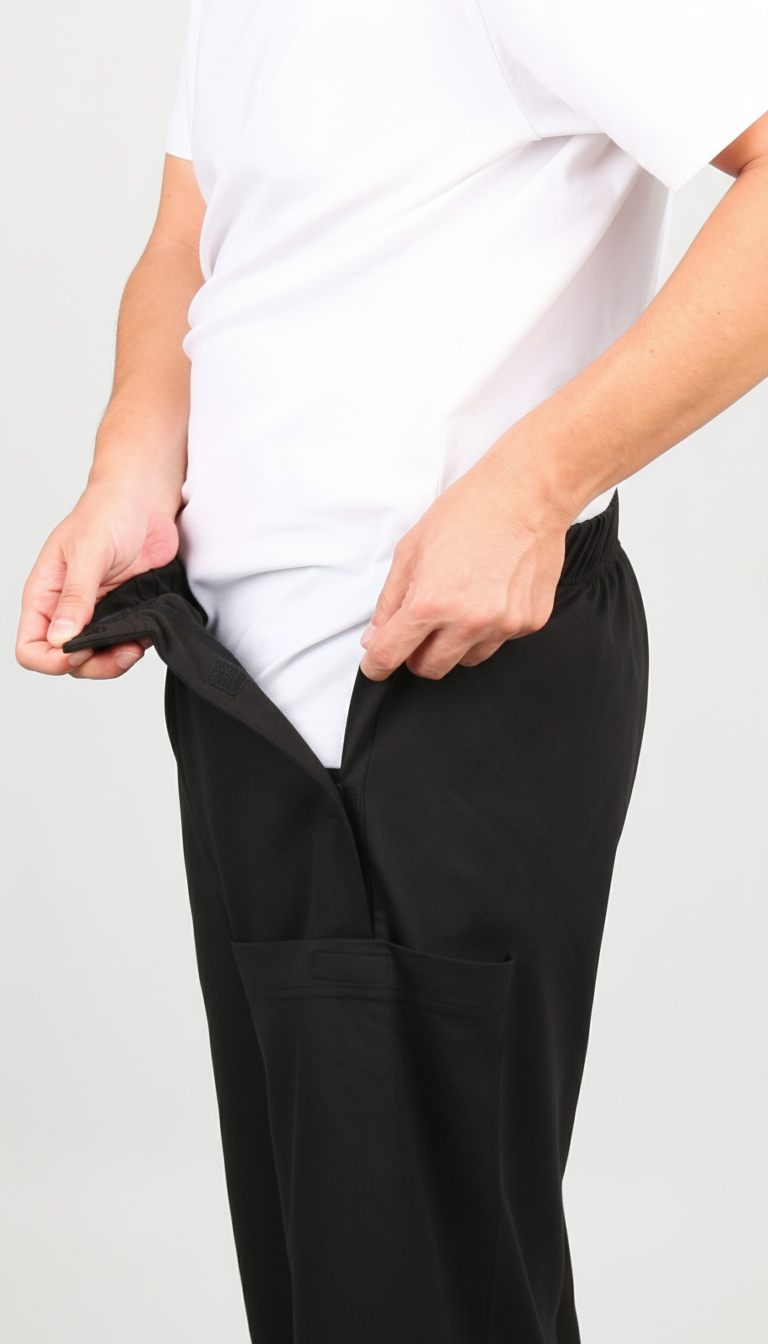 ComfortCure Adaptive Pflegeshorts für Prostatapatienten (mit Beintaschen), Schwarz, Seitenansicht, Seitenöffnung an der Hüfte mit Klett geöffnet