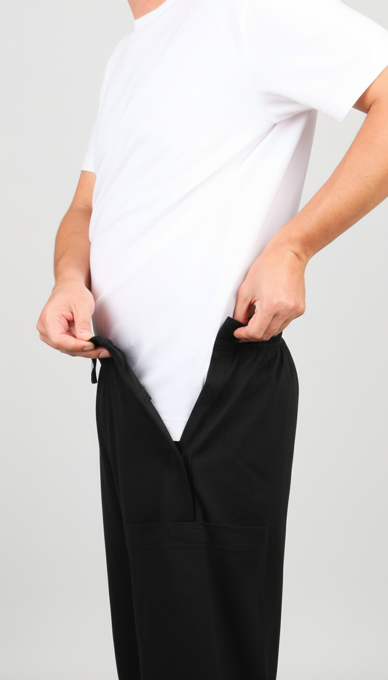 ComfortCure Adaptive Pflegeshorts für Prostatapatienten (mit Beintaschen), Schwarz, Vorderansicht, Klettöffnung an der Hüfte mit beiden Händen