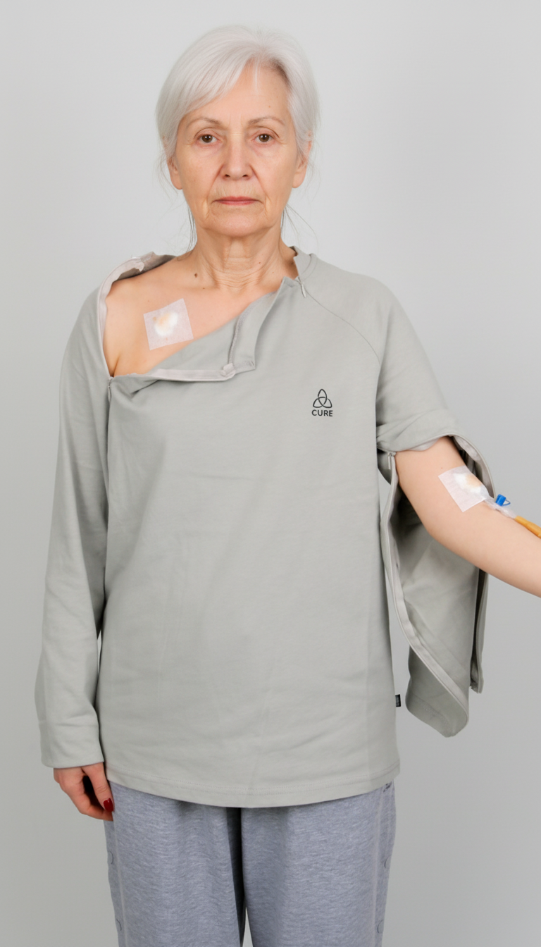 ComfortCure Adaptives Pflegeoberteil mit Port- und Dialysezugang, Grau meliert, Vorderansicht, Brust- und Ärmelreißverschluss geöffnet, Port- und Infusionszugang sichtbar