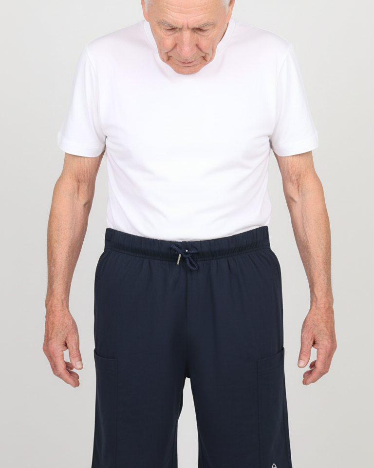 ComfortCure Adaptive Pflegeshorts für Prostatapatienten (mit Beintaschen), Schwarz, Vorderansicht mit Beintaschen und CURE-Logo am Saum