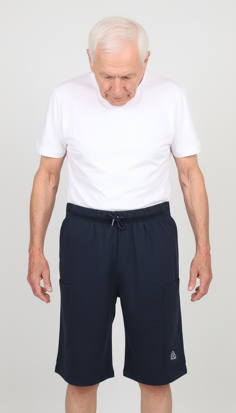 ComfortCure Adaptive Pflegeshorts für Prostatapatienten (mit Beintaschen), Schwarz, Vorderansicht mit Beintaschen und CURE-Logo am Saum