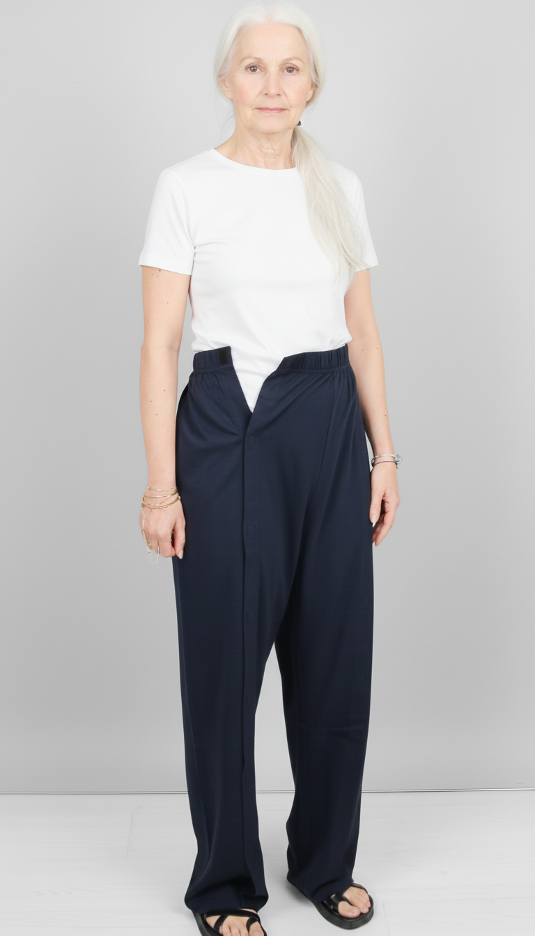 ComfortCure Adaptive Pflegehose für bettlägerige Patienten mit Klettverschluss, Navy, Vorderansicht mit geöffnetem Vorderlappen und sichtbarem Klett