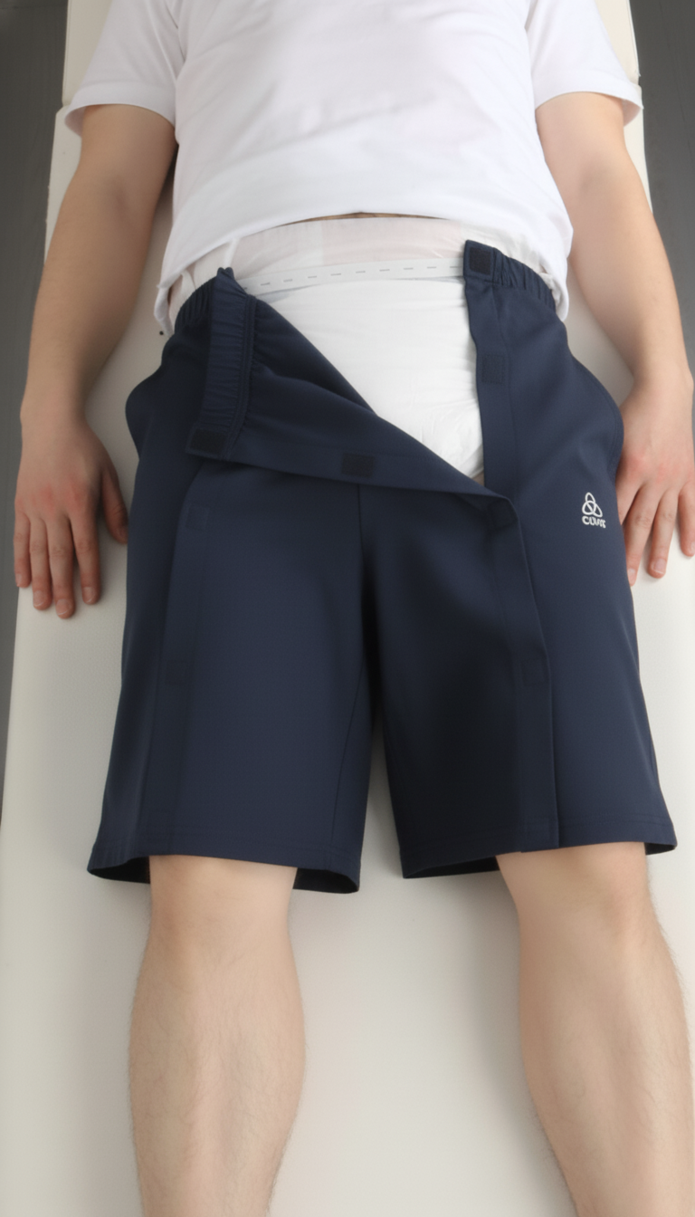 ComfortCure Adaptive Pflegeshorts für bettlägerige Patienten - Klettverschluss, vorne komplett zu öffnen, Navy, Aufsicht liegend, Frontklappe geöffnet, Vorlage sichtbar