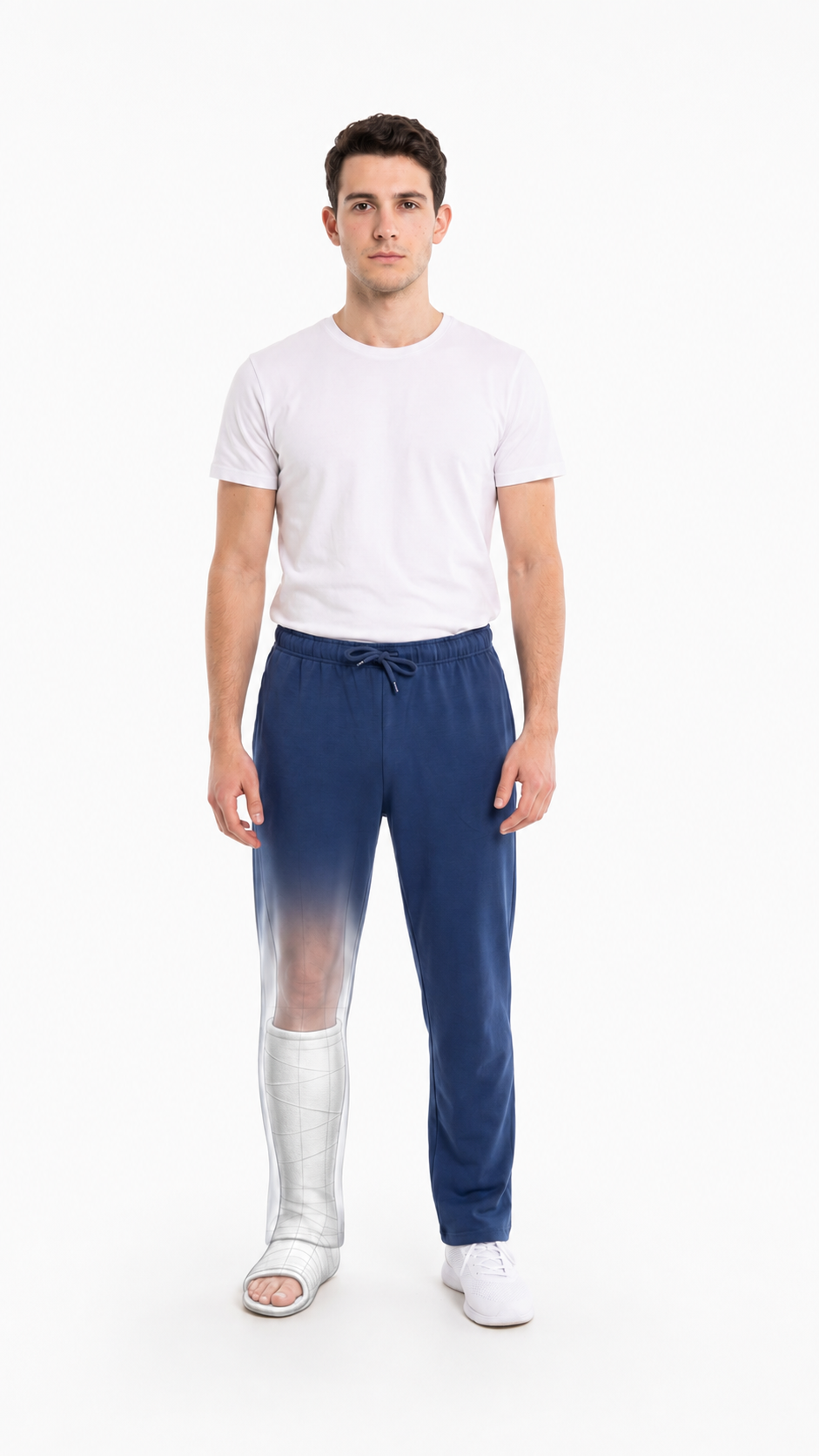 ComfortCure Adaptive Orthopädie-Pflegehose - mit Druckknöpfen, Navy, Vorderansicht mit Röntgenansicht, Gips am Unterschenkel