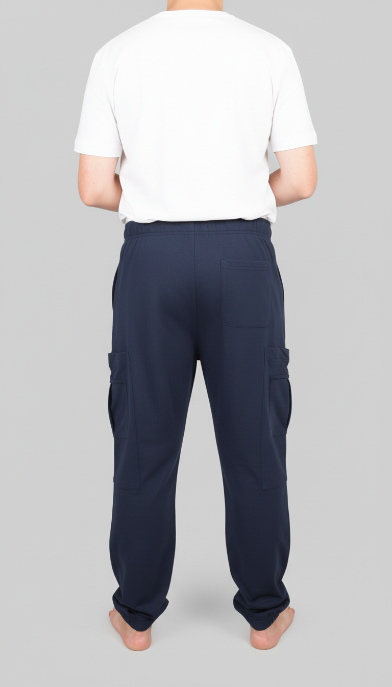 ComfortCure Adaptive Pflegehose für Prostatapatienten (mit Beintaschen), Navy, Rückansicht mit Gesäßtasche und Beintaschen