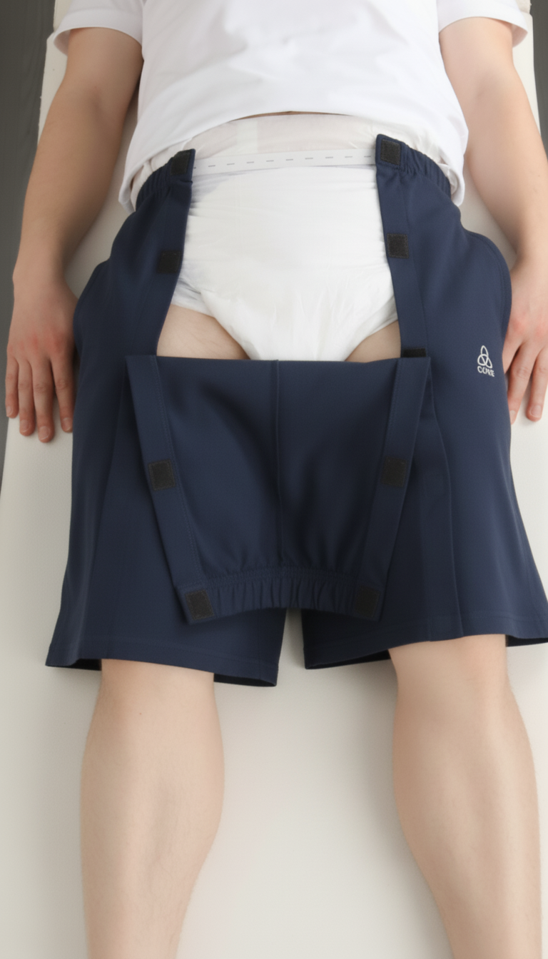 ComfortCure Adaptive Pflegeshorts für bettlägerige Patienten - Klettverschluss, vorne komplett zu öffnen, Navy, Aufsicht liegend, Vorderteil nach unten geklappt, Klett offen
