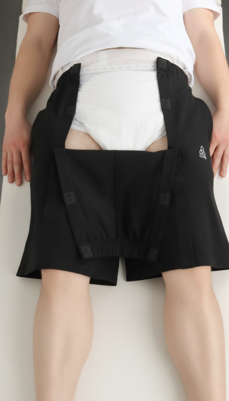 ComfortCure Adaptive Pflegeshorts für bettlägerige Patienten - Klettverschluss, vorne komplett zu öffnen, Schwarz, Aufsicht liegend, Vorderteil geklappt, Klett sichtbar