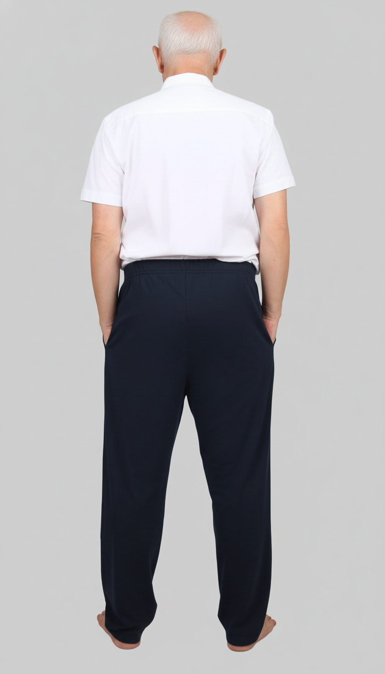 ComfortCure Adaptive Pflegehose für bettlägerige Patienten mit Klettverschluss, Navy, Rückansicht, Hände in den Seitentaschen
