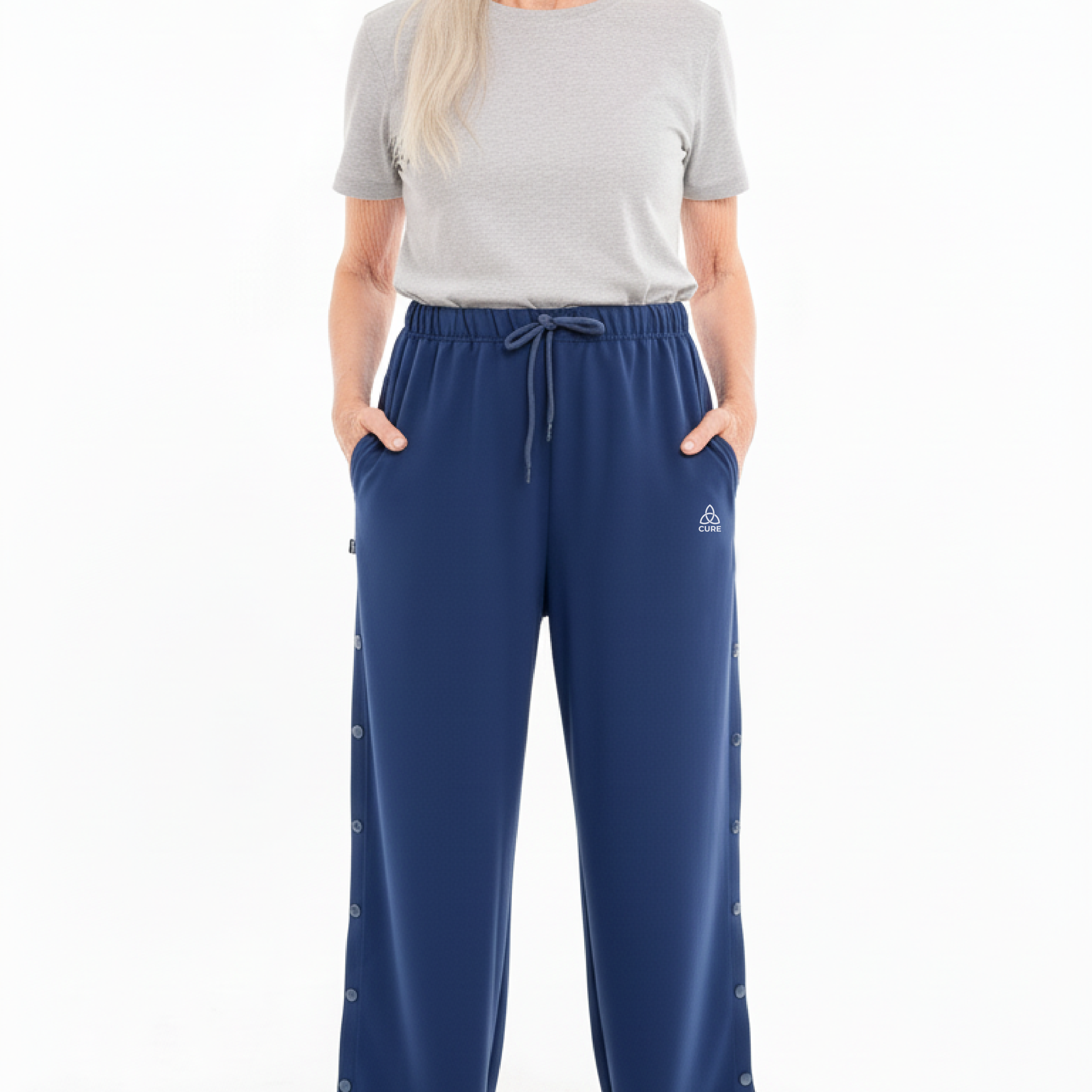 ComfortCure Adaptive Orthopädie-Pflegehose - mit Druckknöpfen, Navy, Vorderansicht, untere Druckknöpfe am Saum geöffnet
