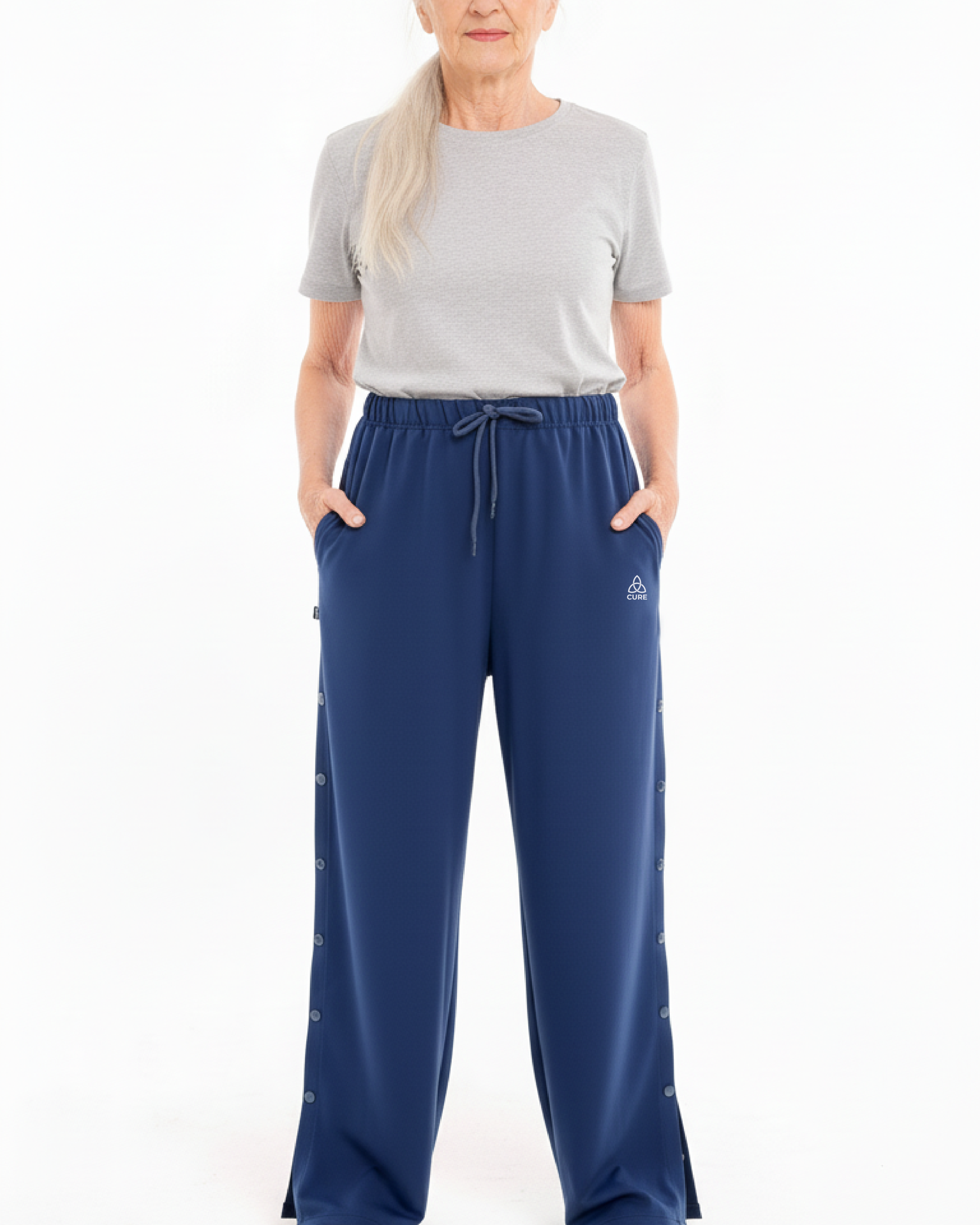 ComfortCure Adaptive Orthopädie-Pflegehose - mit Druckknöpfen, Navy, Vorderansicht, untere Druckknöpfe am Saum geöffnet