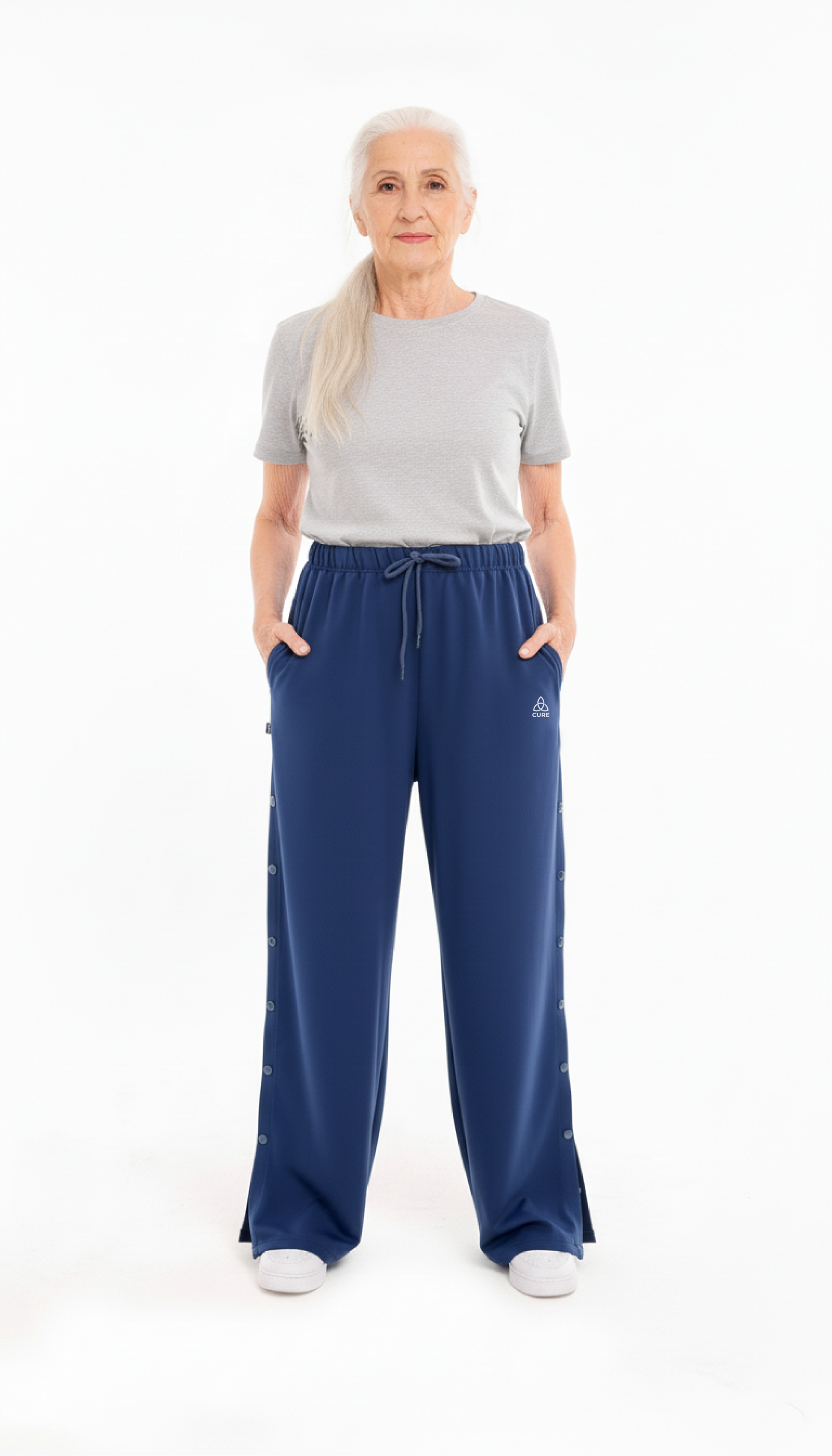 ComfortCure Adaptive Orthopädie-Pflegehose - mit Druckknöpfen, Navy, Vorderansicht, untere Druckknöpfe am Saum geöffnet