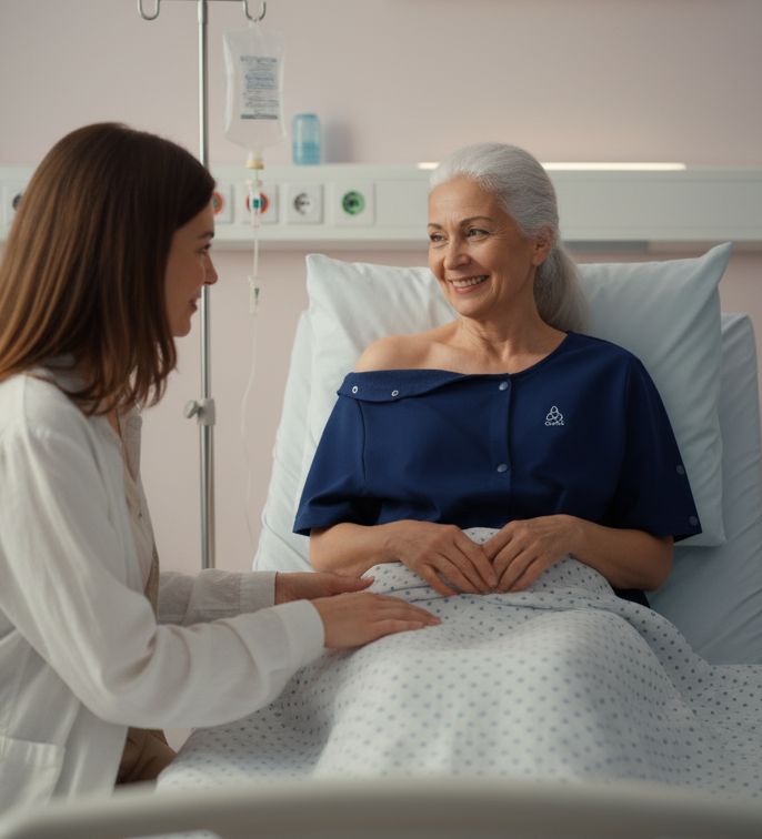 Ältere Patientin im Krankenhausbett lächelt eine Ärztin an, Navy-Pflegeoberteil mit offenen Schulter-Druckknöpfen