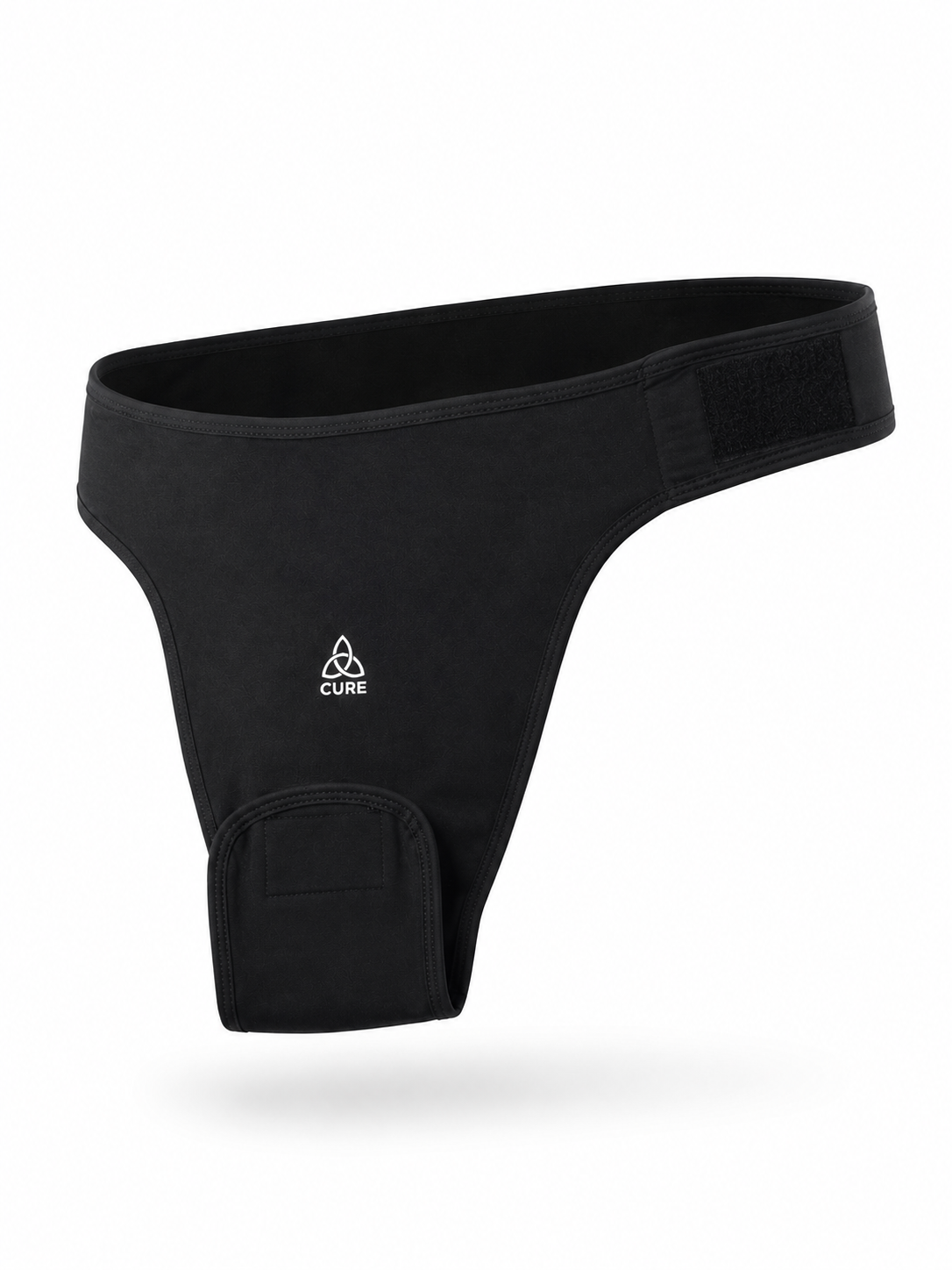 ComfortCURE StomaSecure™ Ostomie-Stützgürtel, Schwarz, Produktaufnahme, Dreiviertelansicht mit Klett am Bund und Schrittsteg