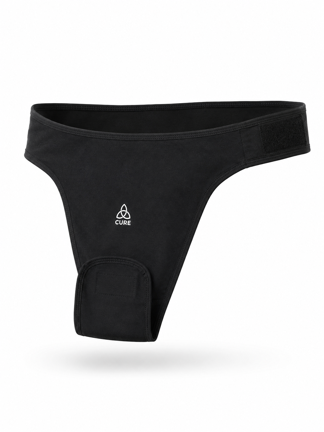 ComfortCURE StomaSecure™ Ostomie-Stützgürtel, Schwarz, Produktaufnahme, Vorderansicht mit Klettverschluss und unterer Lasche