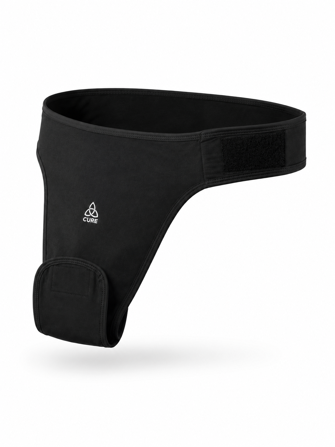 ComfortCURE StomaSecure™ Ostomie-Stützgürtel, Schwarz, Produktaufnahme, Dreiviertelansicht mit Klett am Bund und gerundeter Lasche