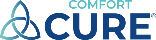 ComfortCure Logo, farbig, Dreiblatt-Symbol in Türkis und Navy mit Wortmarke COMFORT CURE auf dunklem Grund