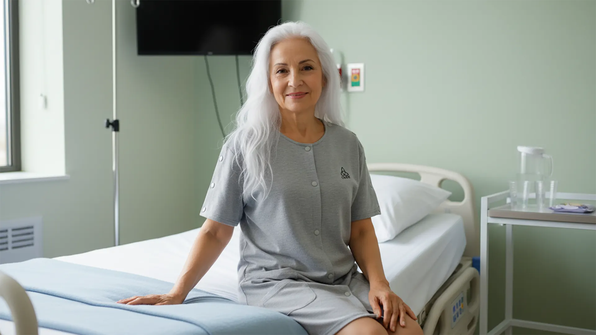 Ältere Frau sitzt auf dem Klinikbett, graues Pflegeoberteil