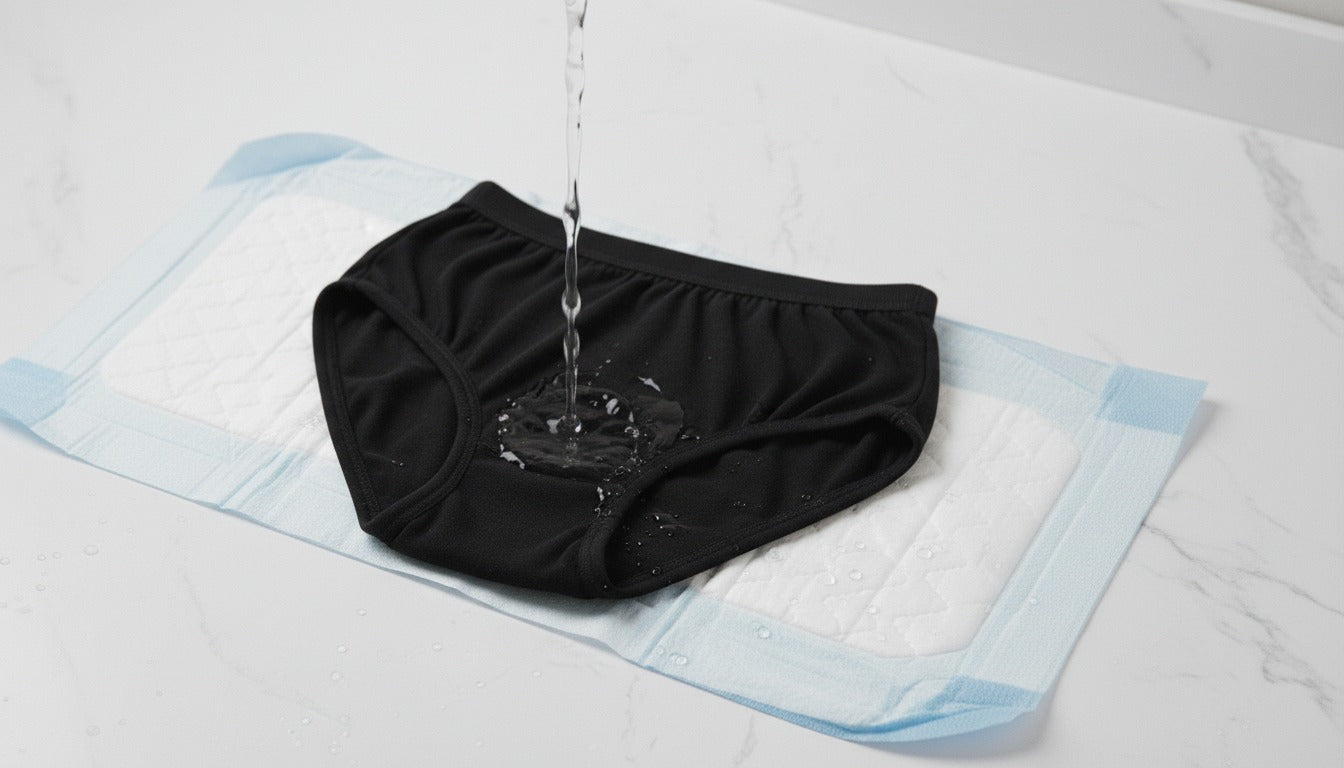 ComfortCure Adaptiver auslaufsicherer Damenslip, Schwarz, Detailansicht, Wasser wird auf die Saugeinlage gegossen