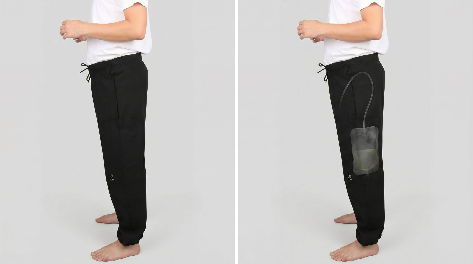 ComfortCure Adaptive Pflegehose für Prostatapatienten (mit Beintaschen), Schwarz, Vergleich Seitenansicht und Röntgenansicht mit Urinbeutel in der Beintasche