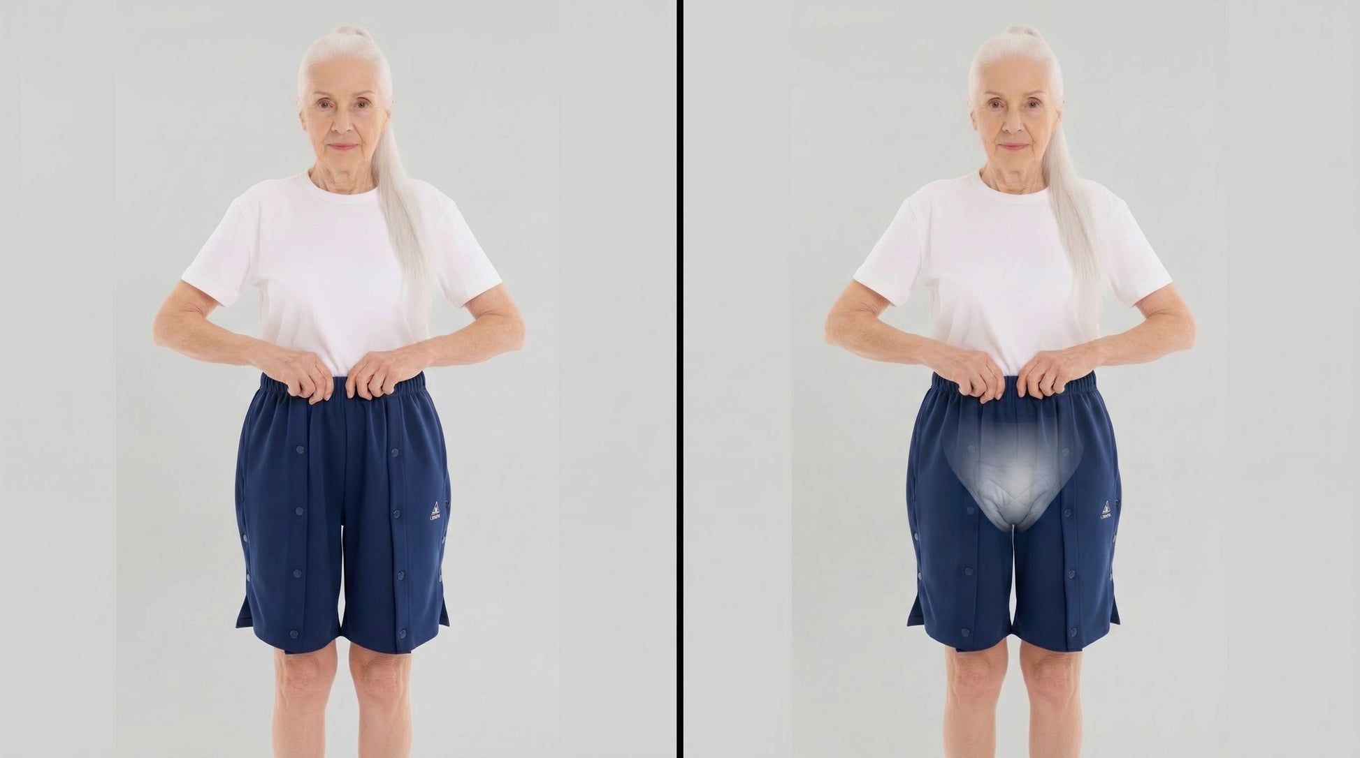ComfortCure Adaptive Pflegeshorts für bettlägerige Patienten - mit Druckknöpfen, Navy, Vergleich Vorderansicht geschlossen und mit transparenter Einblendung der Inkontinenzvorlage