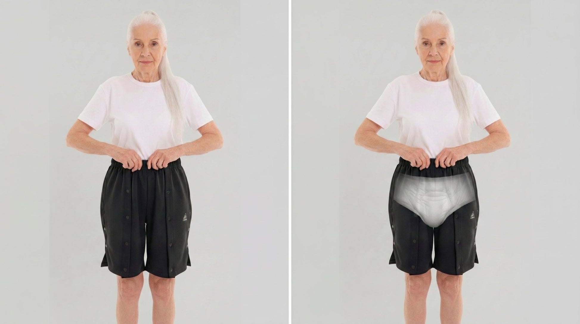 ComfortCure Adaptive Pflegeshorts für bettlägerige Patienten - mit Druckknöpfen, Grau meliert, Vergleich Vorderansicht und transparente Einblendung der Inkontinenzvorlage