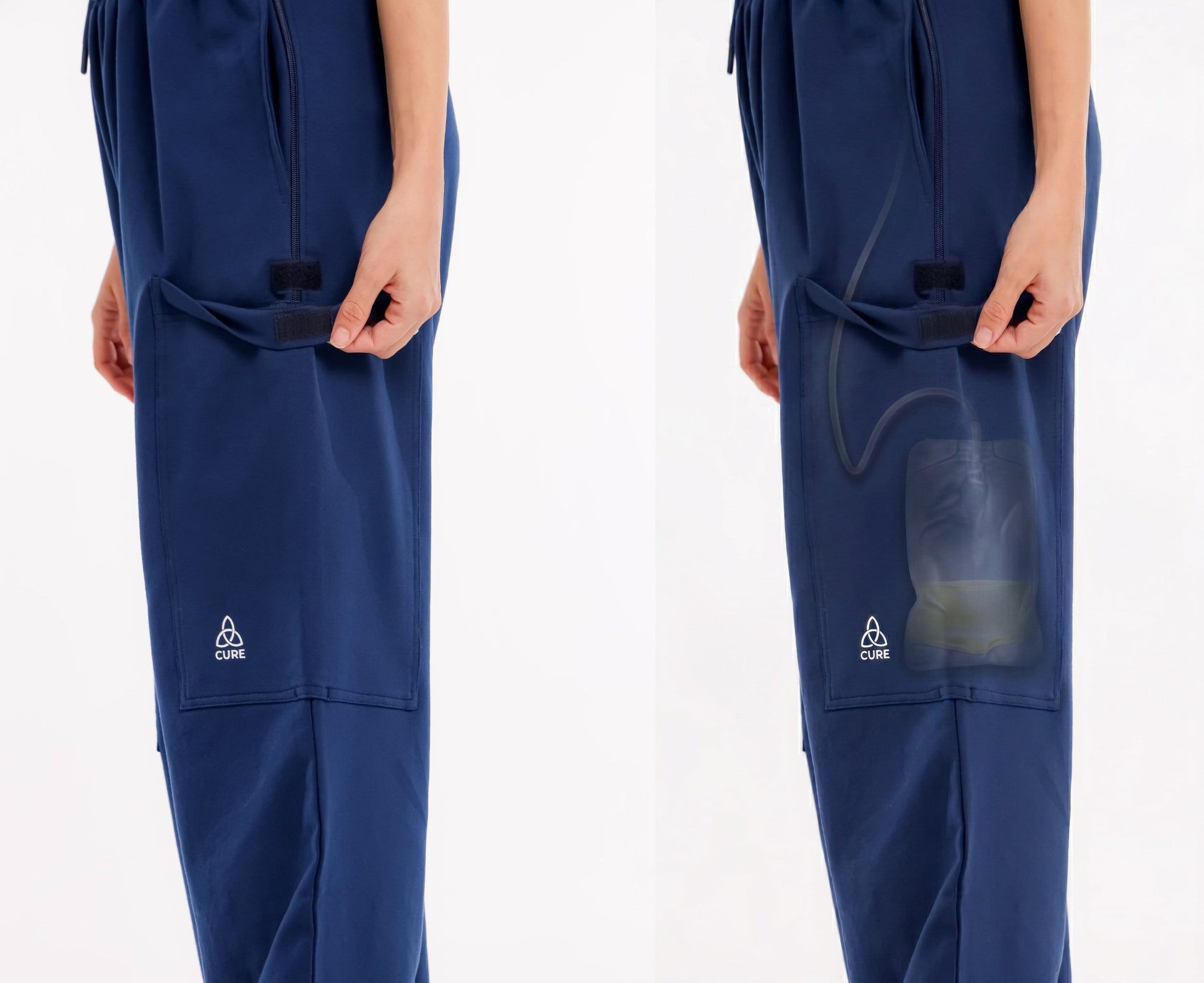 ComfortCure Adaptive Pflegehose für Prostatapatienten (mit Beintaschen), Navy, Vergleich Beintasche geschlossen und Röntgenansicht mit Urinbeutel darin