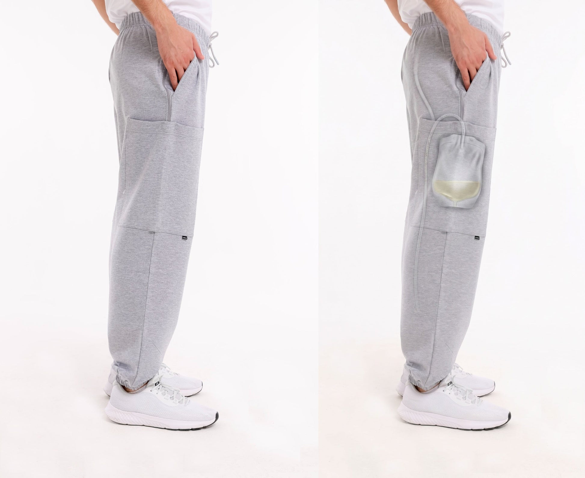 ComfortCure Adaptive Pflegehose für Prostatapatienten (mit Beintaschen), Grau meliert, Vergleich Beintasche geschlossen und Röntgenansicht mit Urinbeutel