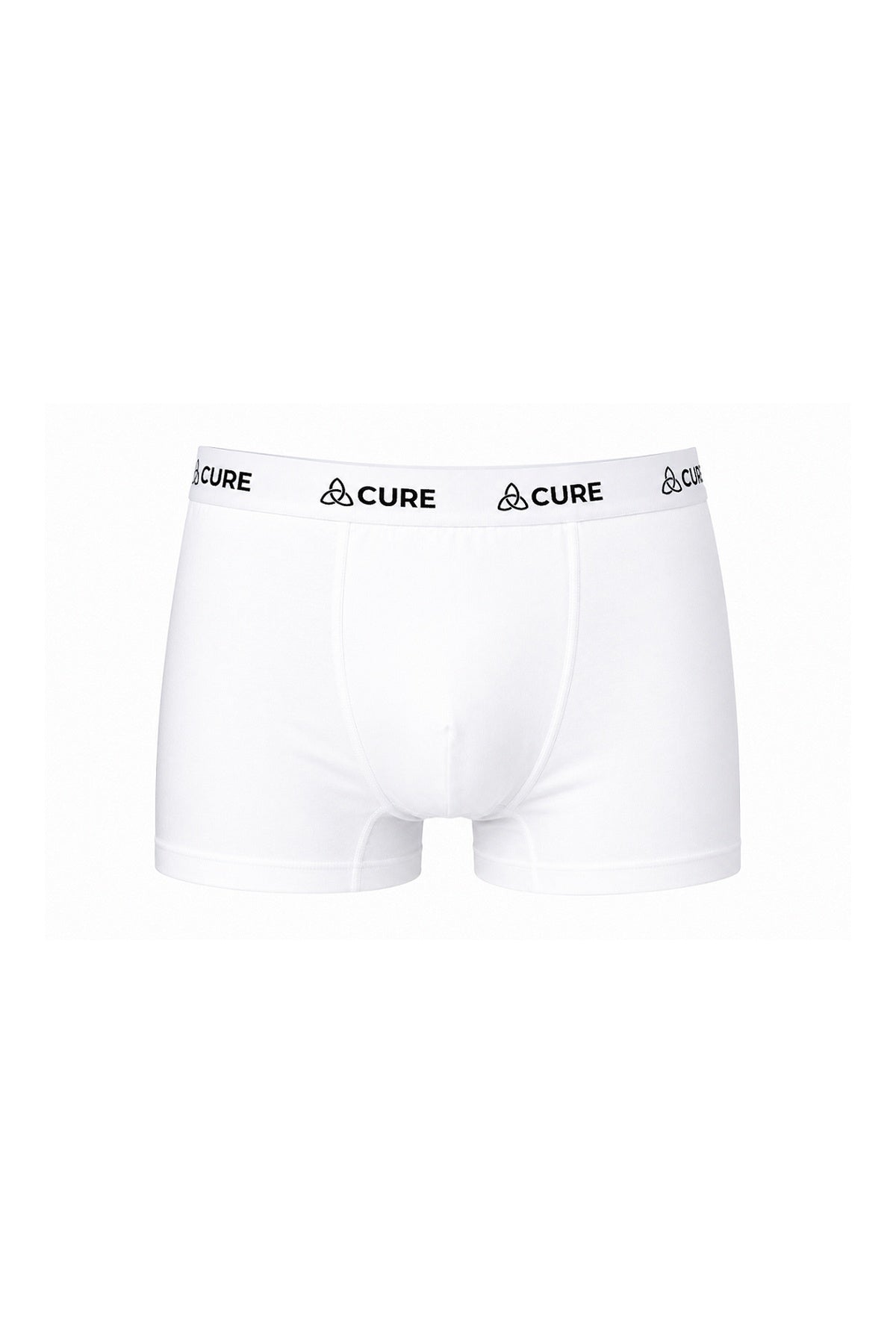 ComfortCure Adaptive auslaufsichere Herren-Boxershorts, Weiß, Produktaufnahme mit CURE-Schriftzug am Bund
