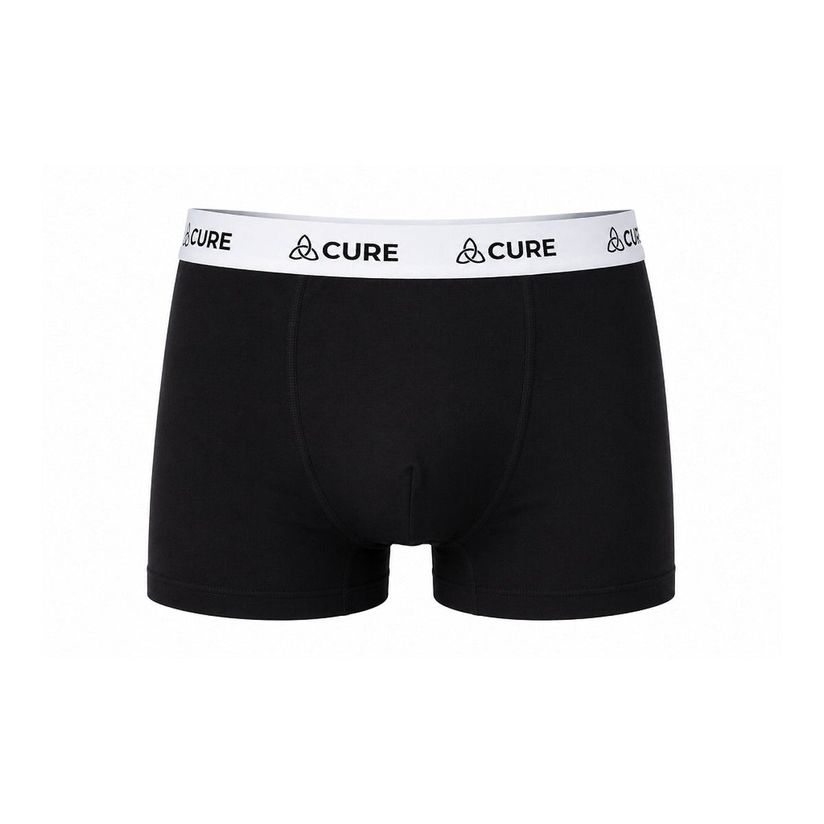 ComfortCure Adaptive auslaufsichere Herren-Boxershorts, Schwarz, Vorderansicht mit weißem Markenbund und vorderer Kontursteppung