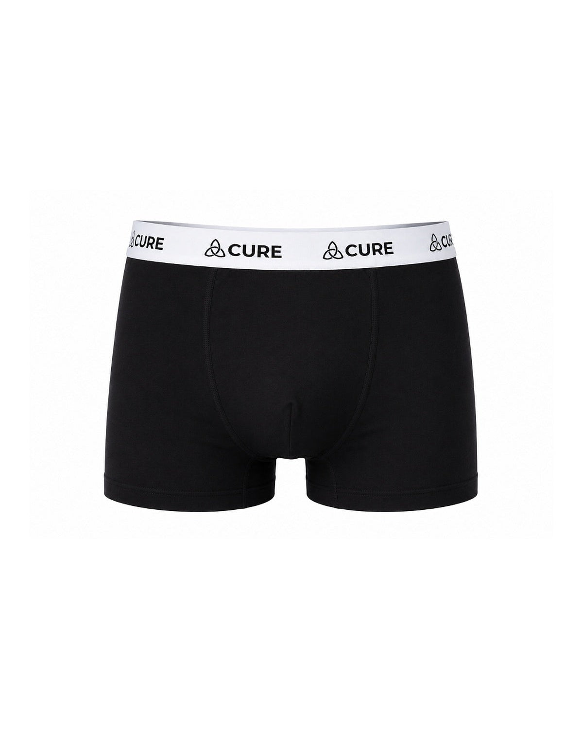 ComfortCure Adaptive auslaufsichere Herren-Boxershorts, Schwarz, Vorderansicht mit weißem Markenbund und vorderer Kontursteppung