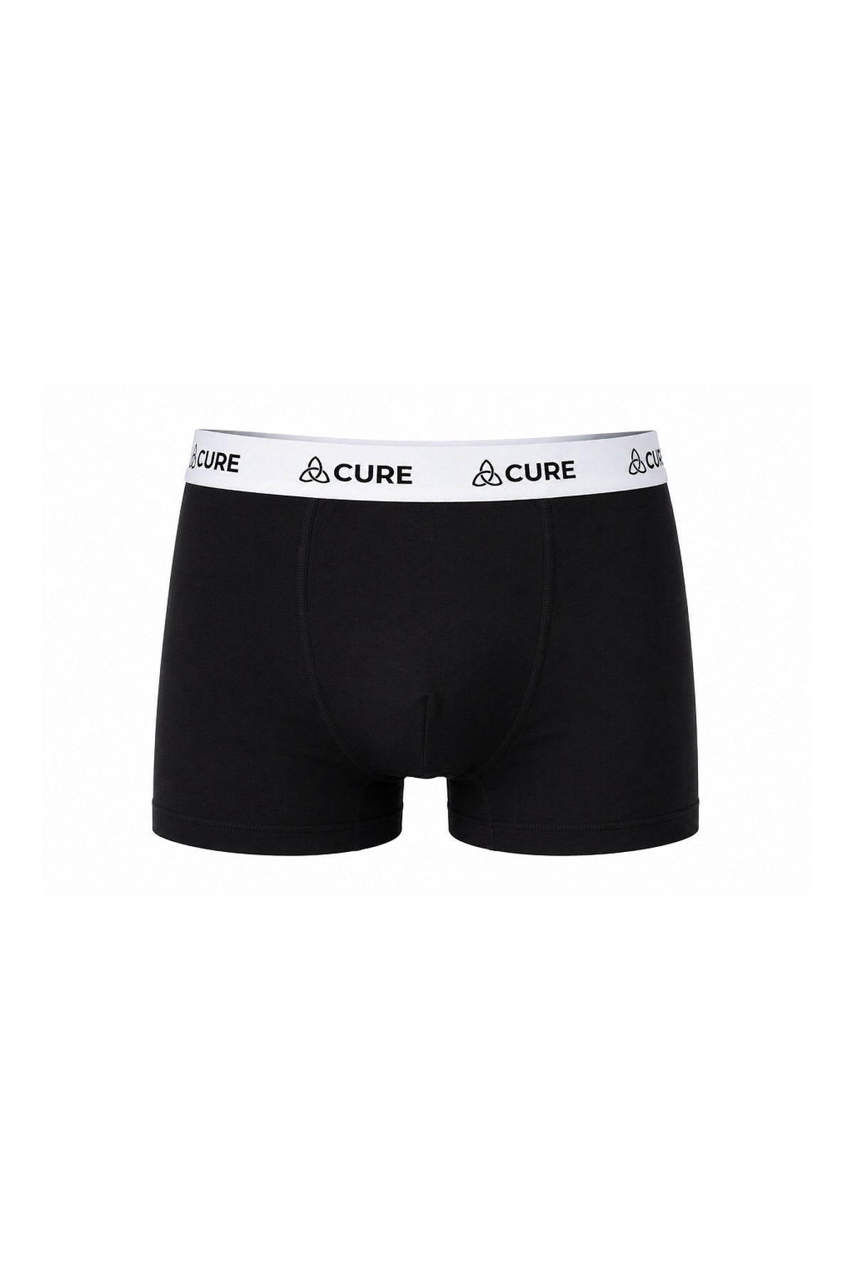 ComfortCure Adaptive auslaufsichere Herren-Boxershorts, Schwarz, Vorderansicht mit weißem Markenbund und vorderer Kontursteppung