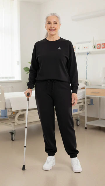Ältere Frau steht mit Gehstock in schwarzem Trainingsanzug und weißen Sneakern im Krankenzimmer
