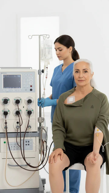 Patientin im olivgrünen Pflegeoberteil mit Brustzugang sitzt vor Dialysegerät, Pflegekraft stellt Infusion ein