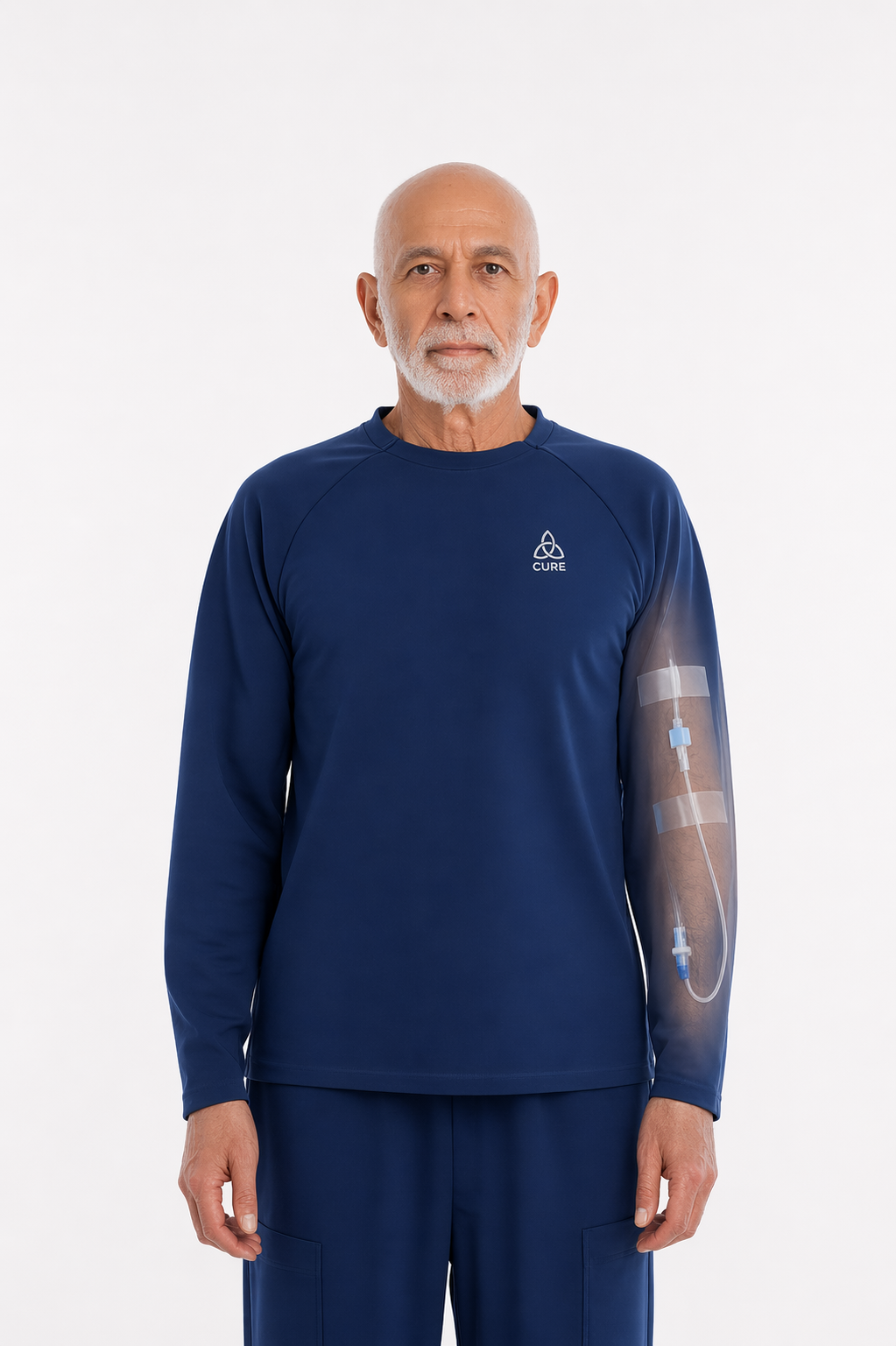 ComfortCure Adaptives Pflegeoberteil mit Port- und Dialysezugang, Navy, Vorderansicht mit transparenter Einblendung der Infusionsleitung am Ärmel