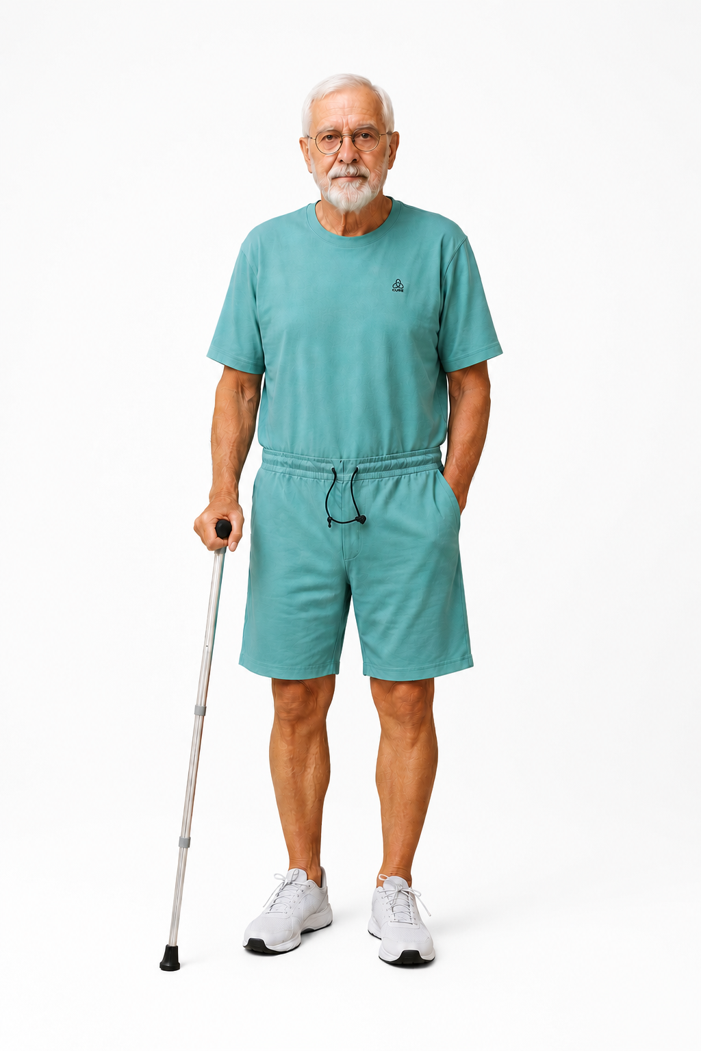 ComfortCure Adaptiver Kurzarm-Pflegeoverall für die Alzheimer- und Demenzpflege, Grün, Vorderansicht mit Gehstock, Overall geschlossen