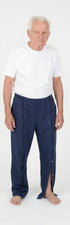 ComfortCure Adaptive Pflegehose für bettlägerige Patienten mit Klettverschluss, Navy, Vorderansicht, Beinöffnung unten mit Druckknöpfen geöffnet