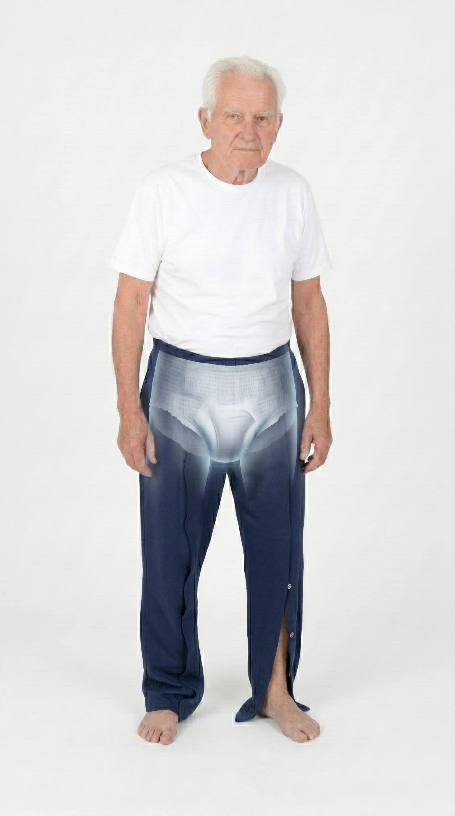 ComfortCure Adaptive Pflegehose für bettlägerige Patienten mit Klettverschluss, Navy, Vorderansicht mit Röntgenansicht der Inkontinenzvorlage, Saum offen