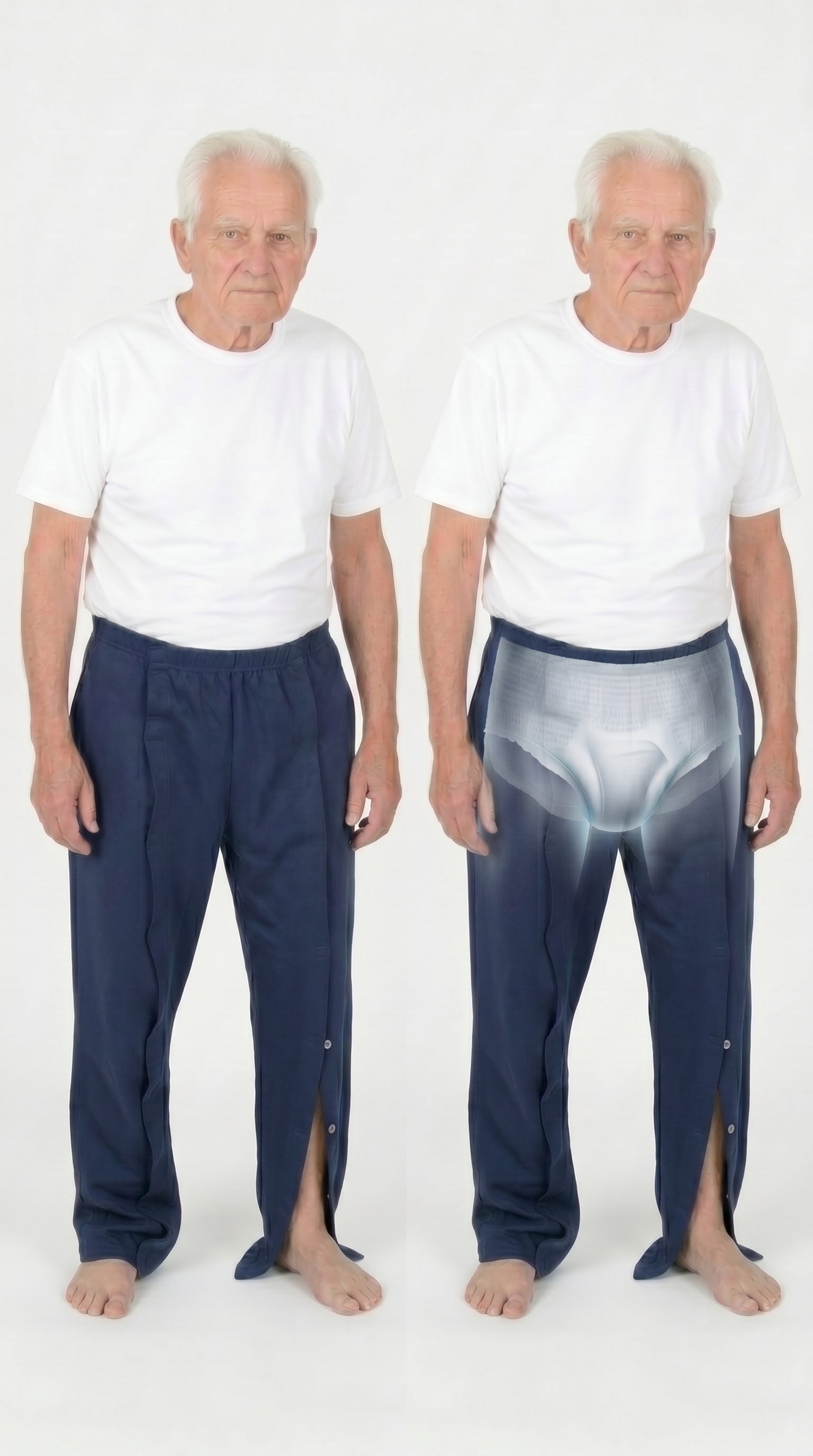ComfortCure Adaptive Pflegehose für bettlägerige Patienten mit Klettverschluss, Navy, Vergleich Vorderansicht und Röntgenansicht mit Inkontinenzvorlage darunter
