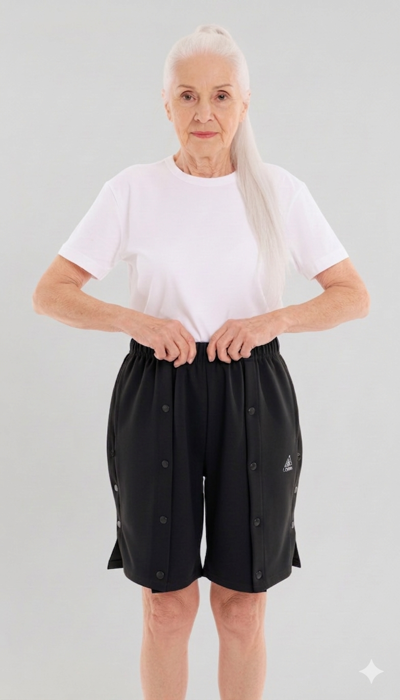 ComfortCure Adaptive Pflegeshorts für bettlägerige Patienten - mit Druckknöpfen, Grau meliert, Vorderansicht mit geschlossenen Druckknöpfen, Hände am Bund