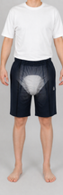 ComfortCure Adaptive Pflegeshorts für bettlägerige Patienten - Klettverschluss, vorne komplett zu öffnen, Schwarz, Vorderansicht mit transparenter Inkontinenzvorlage