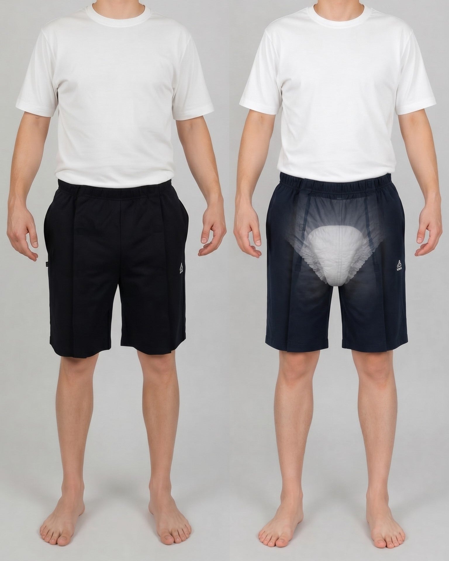 ComfortCure Adaptive Pflegeshorts für bettlägerige Patienten - Klettverschluss, vorne komplett zu öffnen, Schwarz, Vergleich geschlossen und mit transparenter Vorlage