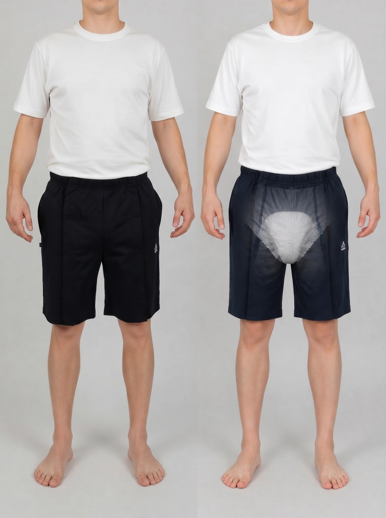 ComfortCure Adaptive Pflegeshorts für bettlägerige Patienten - Klettverschluss, vorne komplett zu öffnen, Schwarz, Vergleich geschlossen und mit transparenter Vorlage