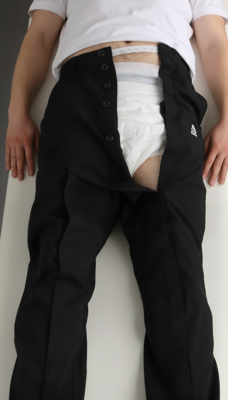 ComfortCure Adaptive Pflegehose für bettlägerige Patienten mit Klettverschluss, Schwarz, Aufsicht liegend, Klett am Vorderteil geöffnet, Inkontinenzvorlage sichtbar